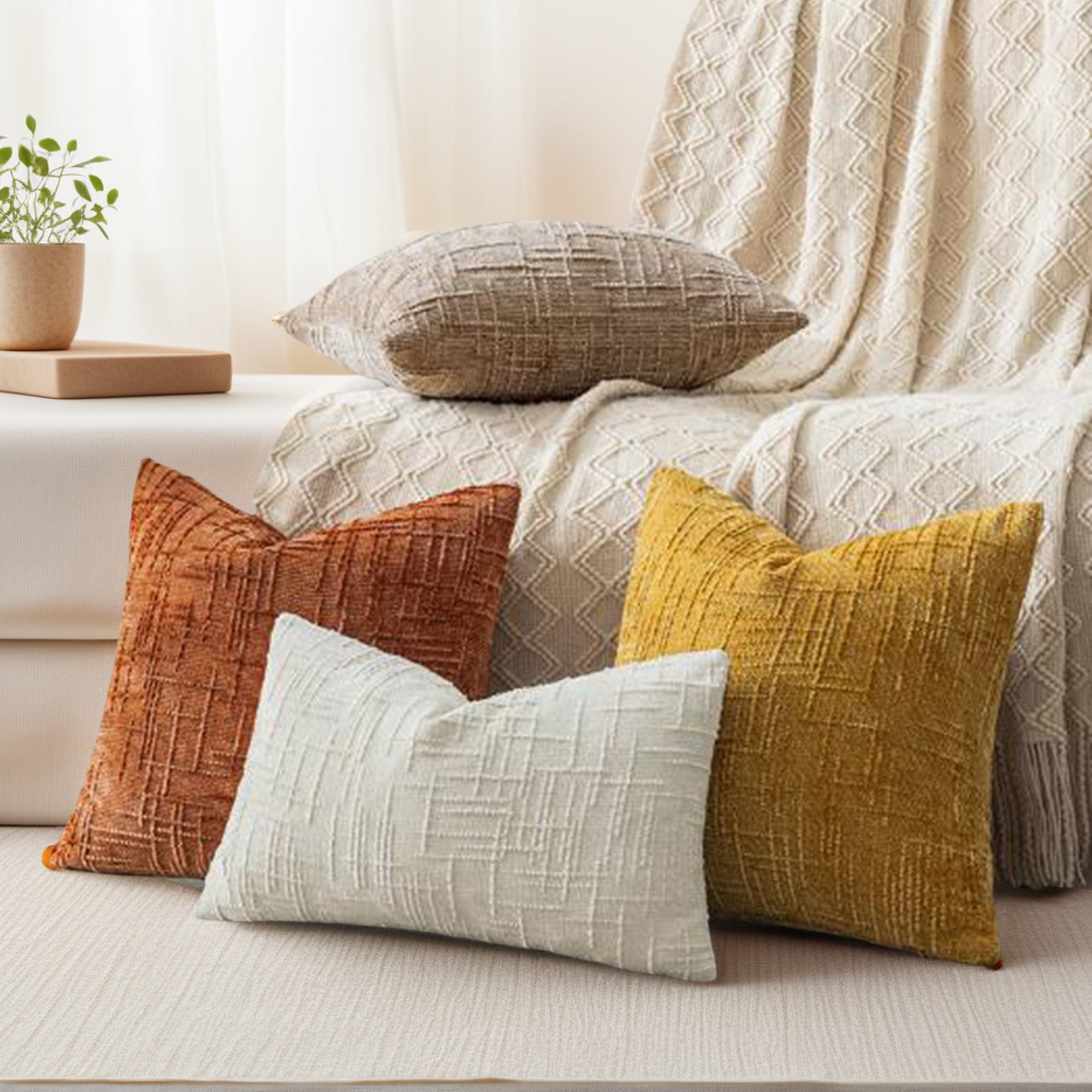 Unique Bargains Decorative Chenille Throw Pillow Covers Pack of 2 Milky White 18" x 18"