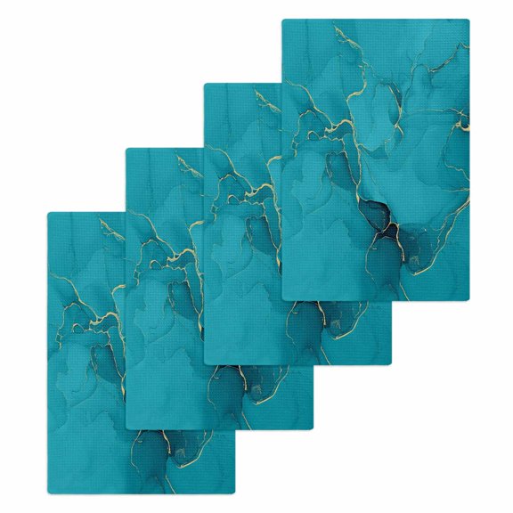 Turquoise Marble Kitchen Dish Towels for Drying Dishes Set of 4, Minimalist Abstract Golden Fluid Art Waffle Weave Microfiber Hand Tea Bathroom Towels Quick Dry & Absorbent Towel 15.7x23.6