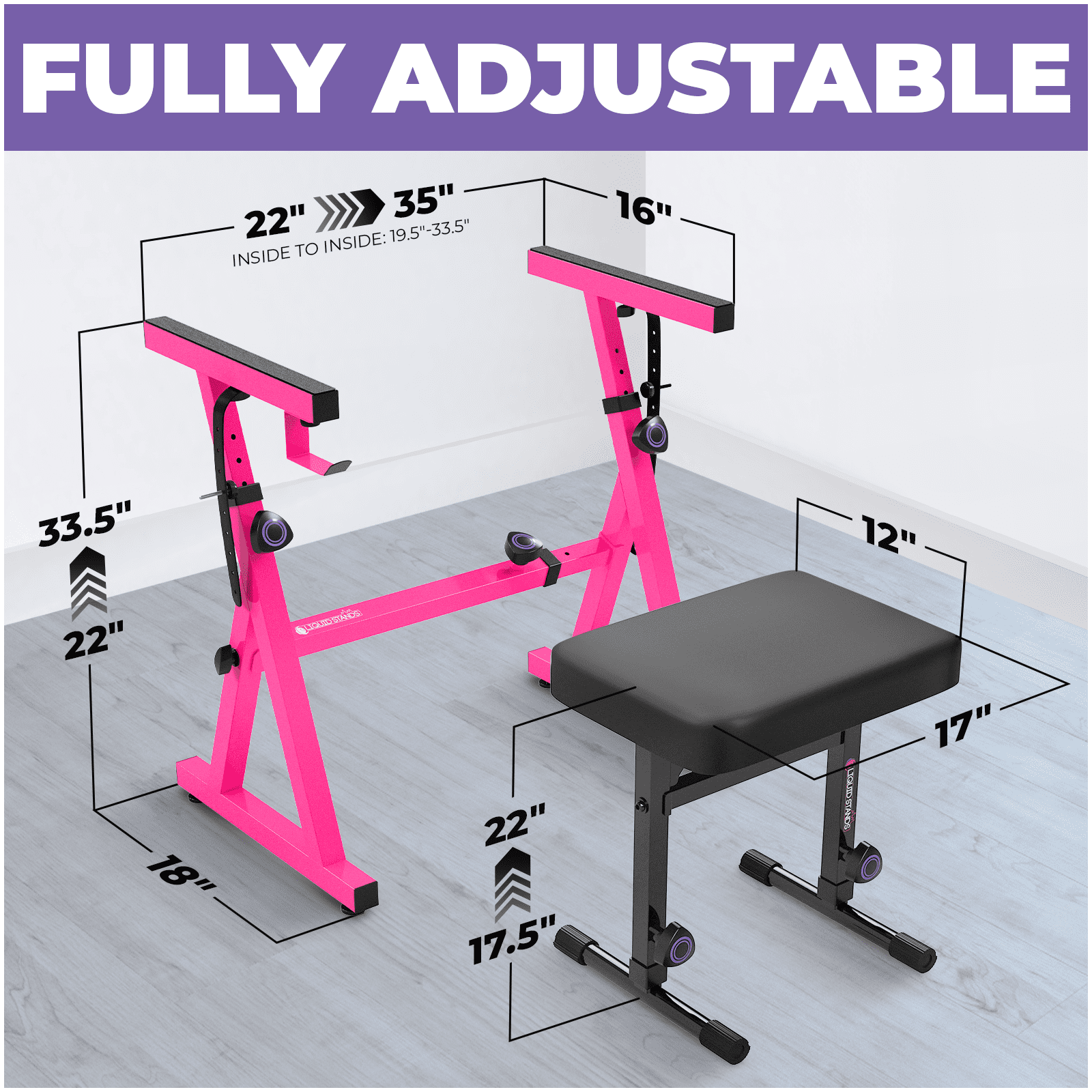 Liquid Stands Pink Piano Keyboard Stand and Bench Set - Portable Heavy Duty Digital Piano Stand for 54-88 Key Electric Pianos & Adjustable Piano Bench, Chair, Stool Sturdy Keyboard Music Stand Seat