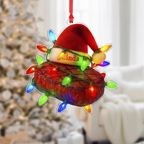 Funny Steak Acrylic Christmas Ornament with Santa Hat & Lights Personalized Name, Meat Lover Holiday Tree Decor, BBQ Humor Home Keepsake