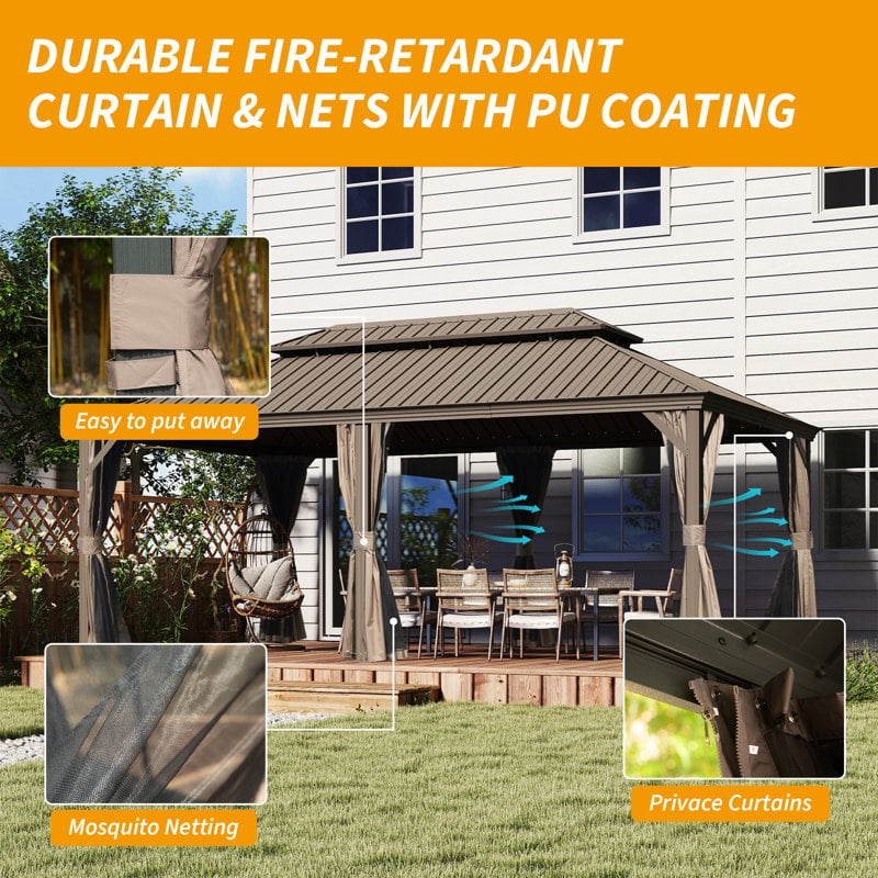 TOTAL Ourdoor 20ft×14ft Hardtop Gazebo,Aluminum Frame Canopy Galvanized Steel with Double Roof,Curtain & Netting for Patio Deck Backyard, Brown