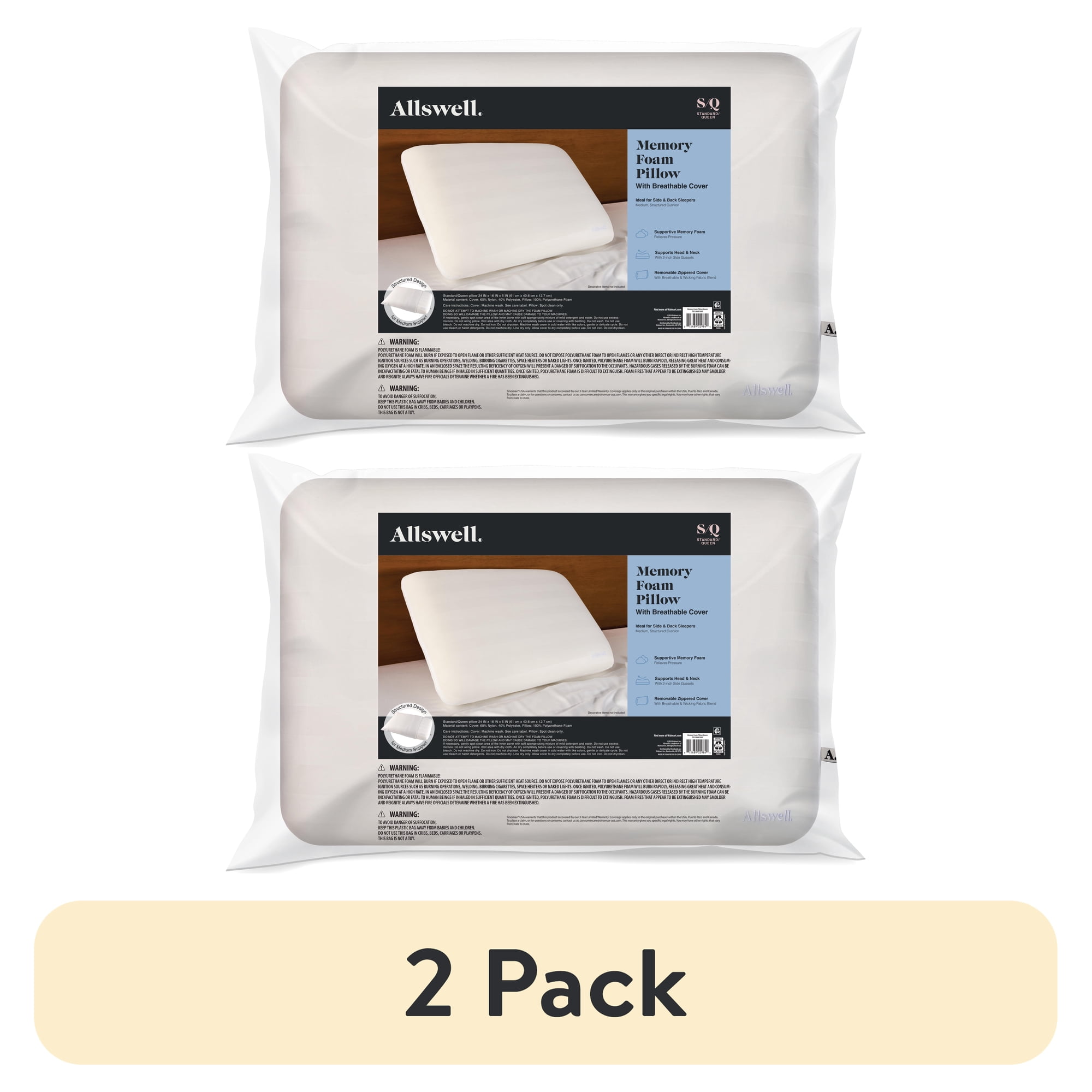(2 pack) Allswell Memory Foam Pillow, Breathable, Pressure-Relieving Support, Standard/Queen