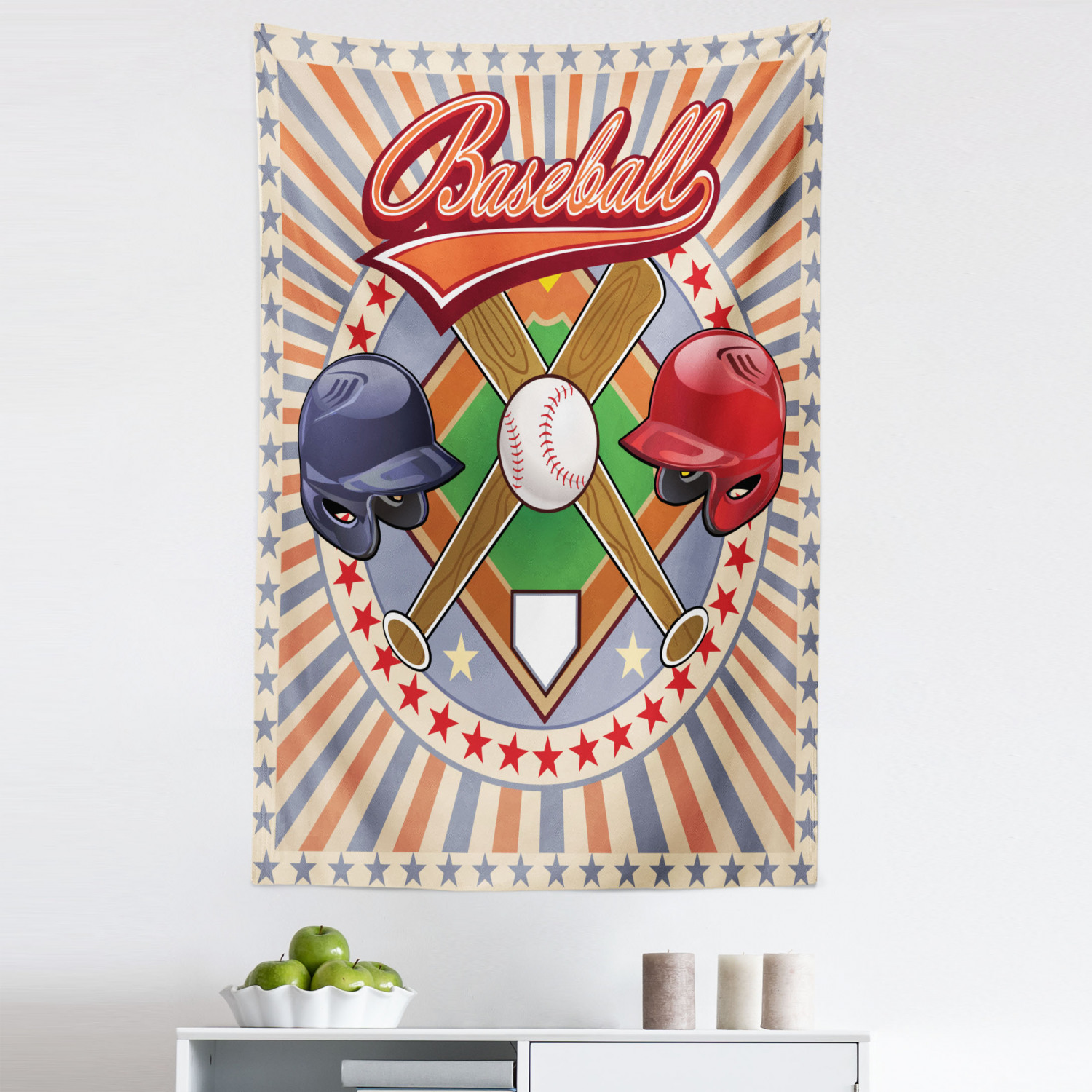 Colorful Tapestry, Retro Pop Art Softball Logo Vertical Striped Setting