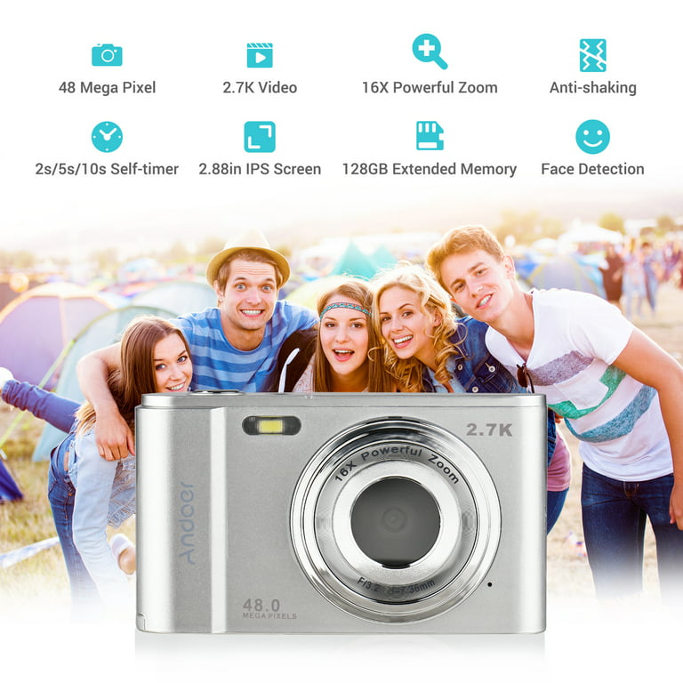 Cámara digital portátil Andoer 48MP 4K Pantalla IPS de 2.8 pulgadas 16X  Zoom Selfie 128GB Memoria extendida Detección de rostro Cinturón  antivibración