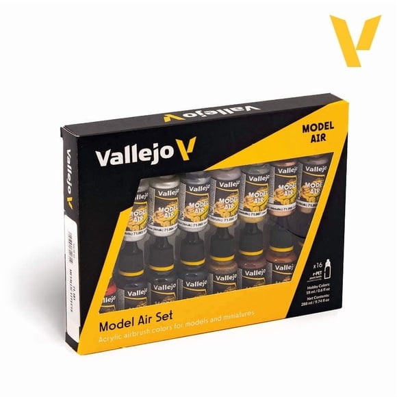 Vallejo Pre-Thinned Metallic Airbrush Paint Kit 16×18ml, Ready-to-Spray Metal Pigments for DIY Handmade Resin Bust Mecha Miniature Scale Model Craft Spray Supplies
