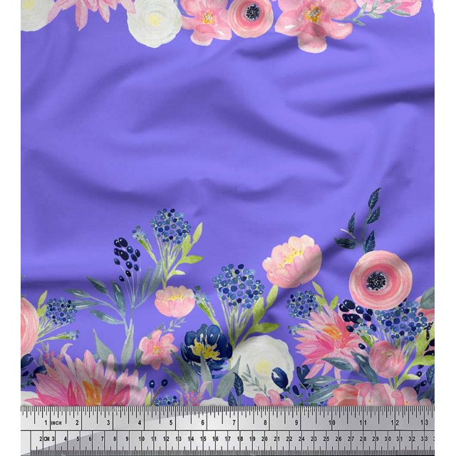 Soimoi Tissu Popeline de Coton Violet Ranunculus & Chrysanthème Imprimé Floral au Mètre 42 Pouces de Large