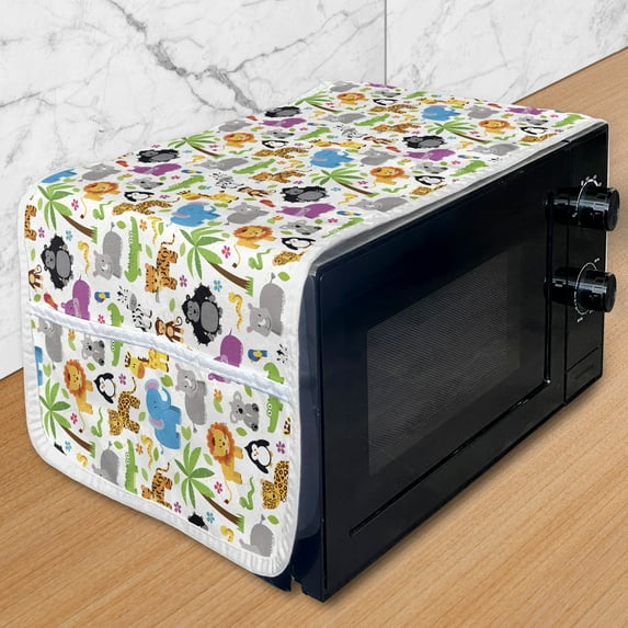 Cartoon Microwave Oven Cover, Various Types of Animals Drawn Manner Lions Koalas Tigers Crocodiles Monkeys, Water Resistant Organizer with Pockets Kitchen, 36" x 12", Green Multicolor, by Ambesonne
