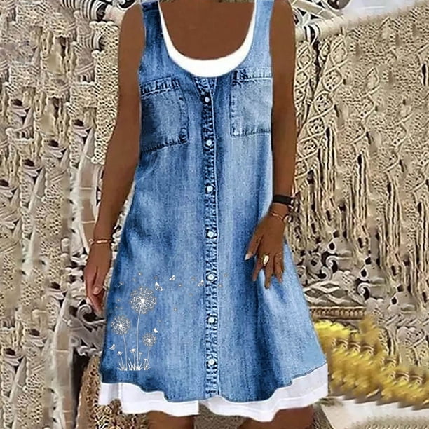 WILLBEST Vestidos Casuales para Mujer Cortos Vestidos para Mujer Verano Playa Primavera Rayas Estampado Lindo Vestido sin Mangas Casual Cuello Redondo Vestido Suelto de Tirantes Extra Grande