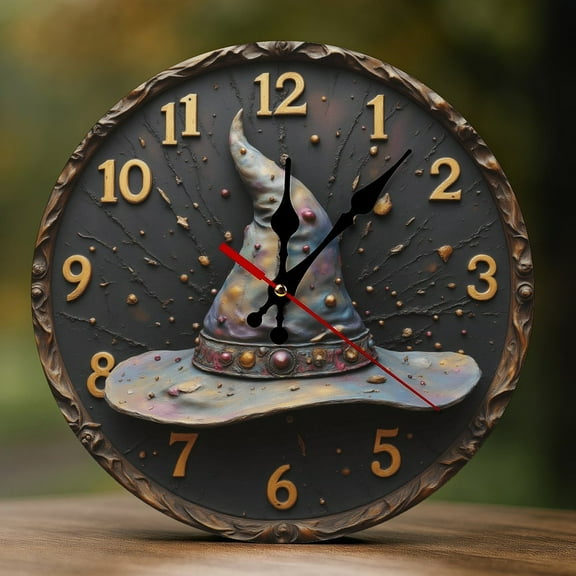 Wall Clock Decorative - Vintage Witch Hat Print 2D Vintage Wall Clocks Battery Operated Silent Non-Ticking for Bedroom, Living Room, Kitchen, Office, Classroom, 10 Inch