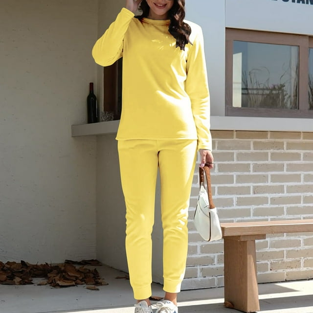 TINZ Femmes Automne et Hiver Confortable Décontracté Couleur Unie Col Rond Manches Longues Plus Chandail de Base Mi-Long Taille Élastique Pantalon Épaissi sous-Vêtement Thermique Haut pour Femmes Grande Taille