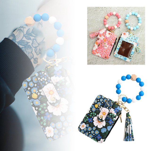 ID Bolsa Pulsera de Silicona Floral Plegable Tarjetero Impreso Cartera de Cuero Llavero Incluido Llavero ID Bolsa Floral Cartera Tarjetero