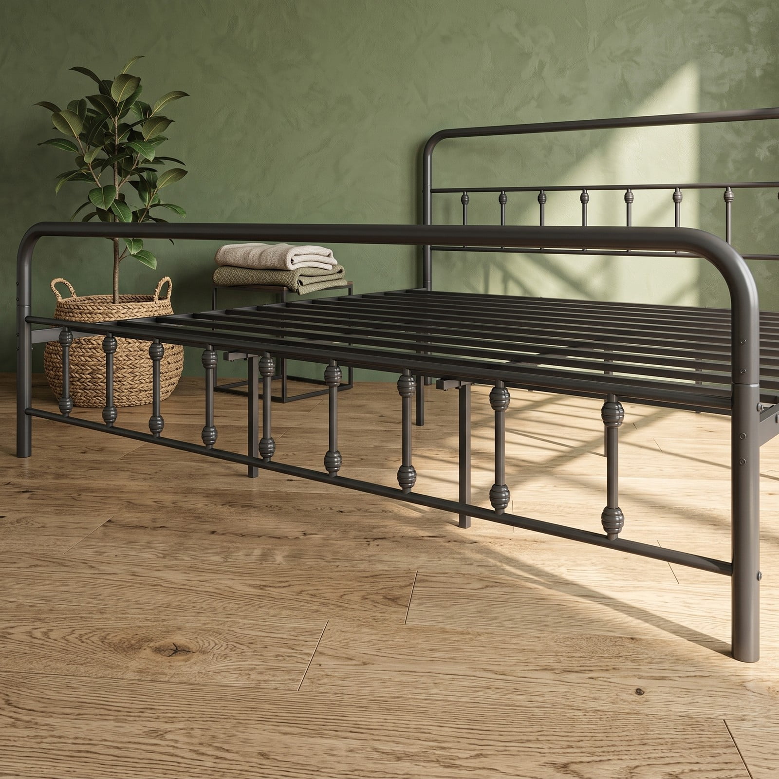 Furnibear King Size Bed Frame with Storage, Metal Platform Bed Frame with Vintage Spindle Headboard and Footboard, No Box Spring, Black
