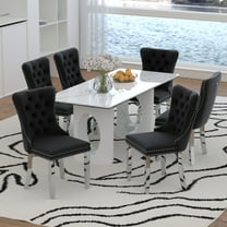 Sumdeal 71" White base White Sintered Stone Dining Table with 6 Black Velvet Upholstered Chairs