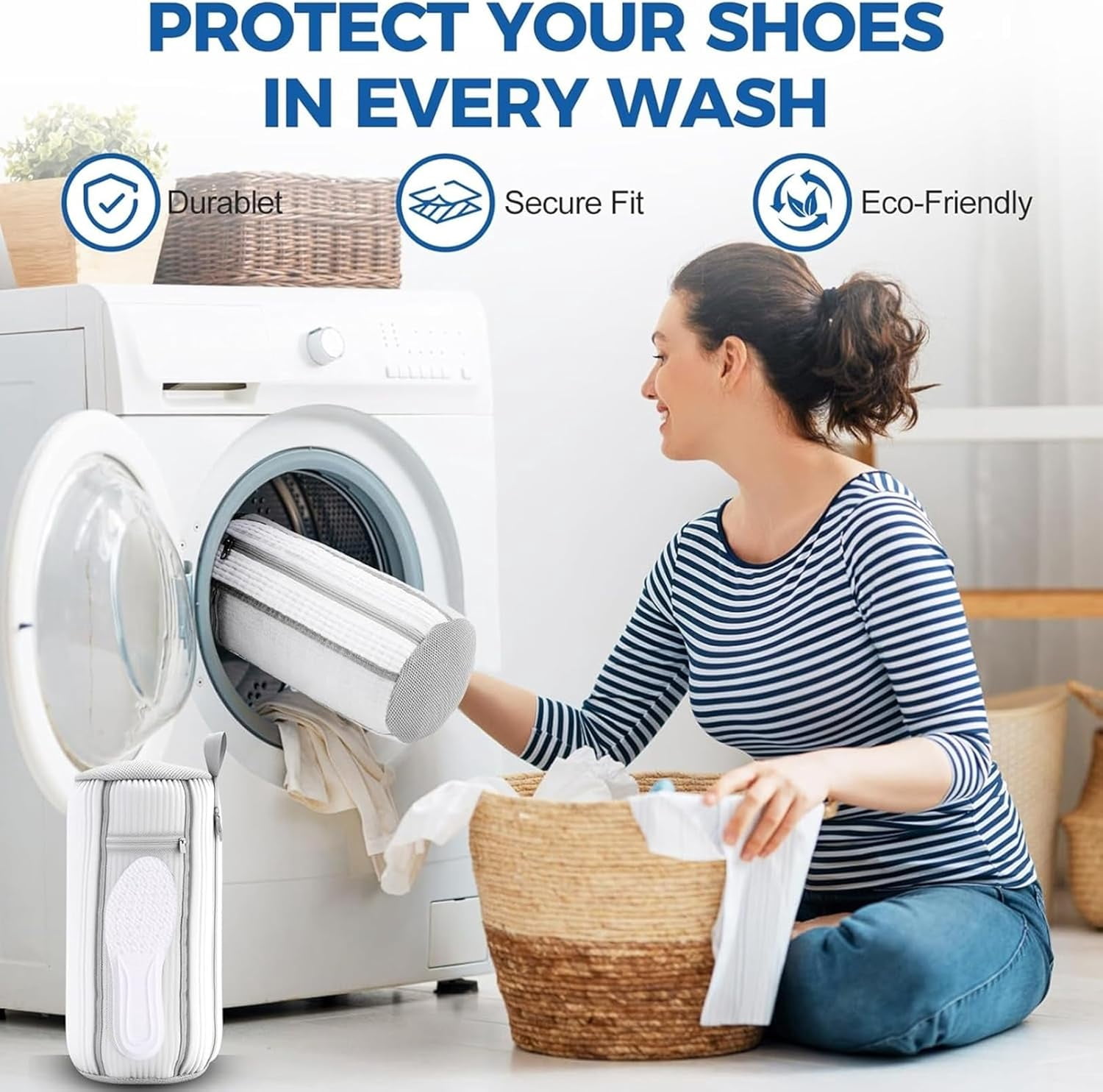 Shoe Washing Machine Bag 2 Pack, Laundry Shoe Bags with Insole Pocket, Reusable Shoe Cleaning Bags for Washer and Dryer, Protective 360° Deep Clean for Sneakers Tennis All Shoes Types (White)