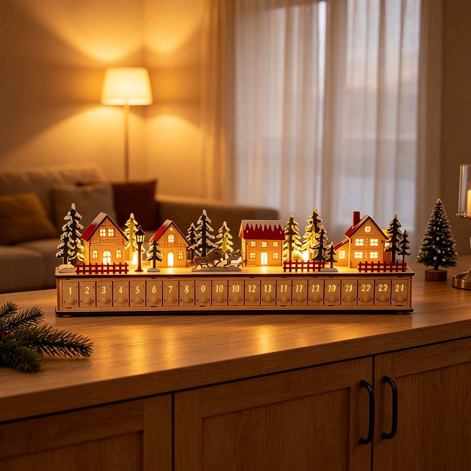 Light-Up Wooden Christmas Village Advent Calendar with 24 Fillable Drawers LED Holiday Countdown Decoration Reusable Tabletop Christmas Village Display for Family Holiday Decor