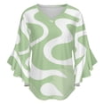 thumbnail image 5 of Pastel Green Wavy Abstract Art Women's V-Neck Blouse With 3/4 Ruffled Bell Sleeves Casual Top Ladies Blouses, 5 of 7
