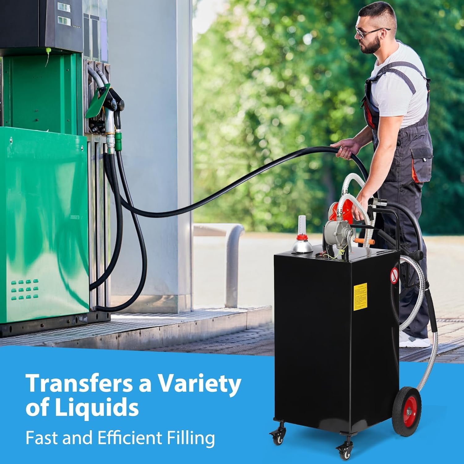 M optimized 35 Gallon Fuel Caddy, Fuel Tank with Manual Transfer Pump for Gasoline & Diesel, Durable 4-Wheel Design, Mobile Fuel Storage for Cars, Trucks, Boats, Lawn Mowers