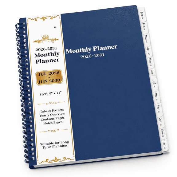 Blue 5 Year Monthly Planner, Jul 2026 - Jun 2031, 9" x 11" with Tabs and Pockets