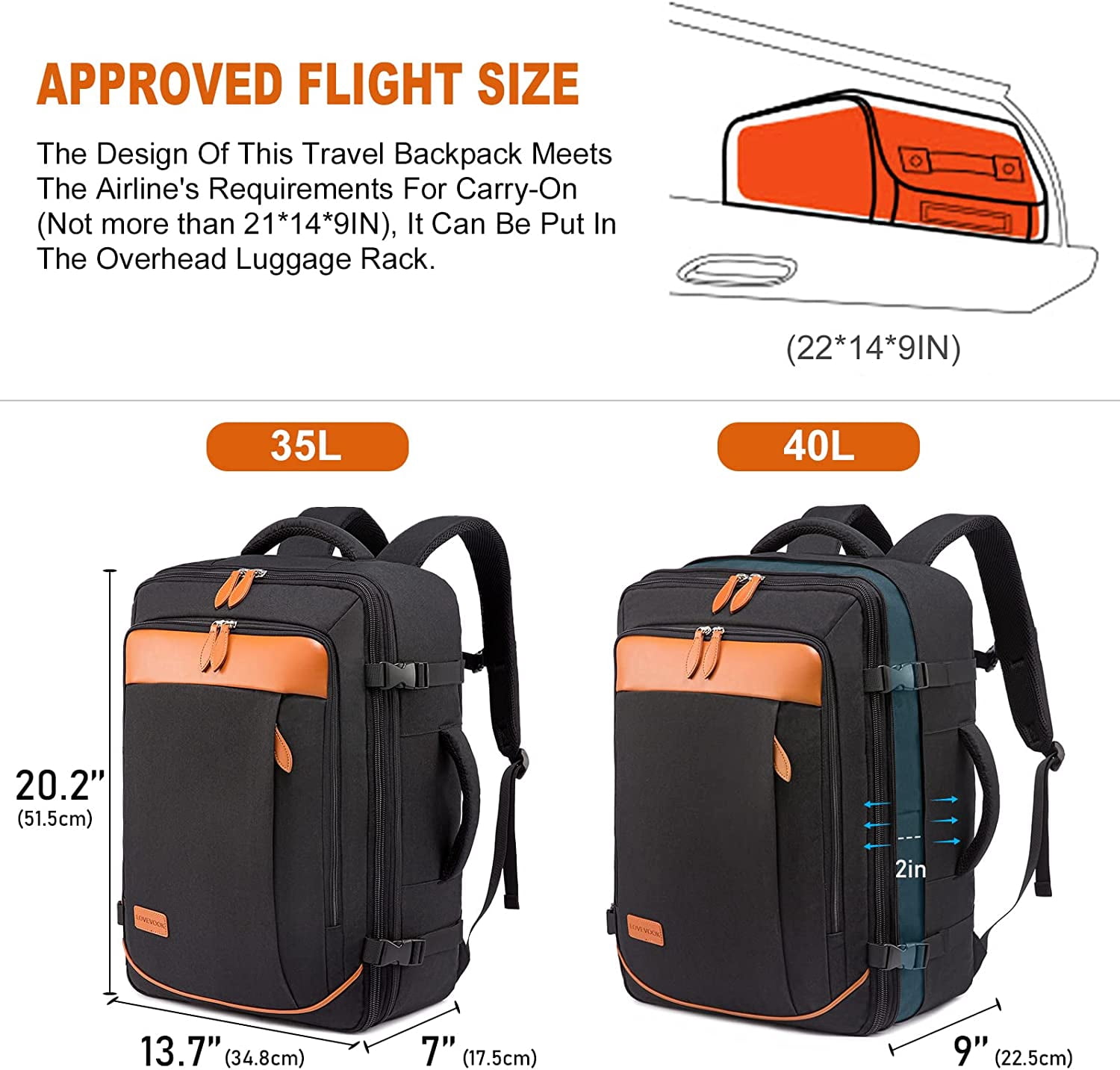 LOVEVOOK College School Backpack, 40L Expandable Carry On Luggage Backpack Flight Approved, Large Waterproof Hiking Outdoor Overnighter Bag for Men Women (Black )