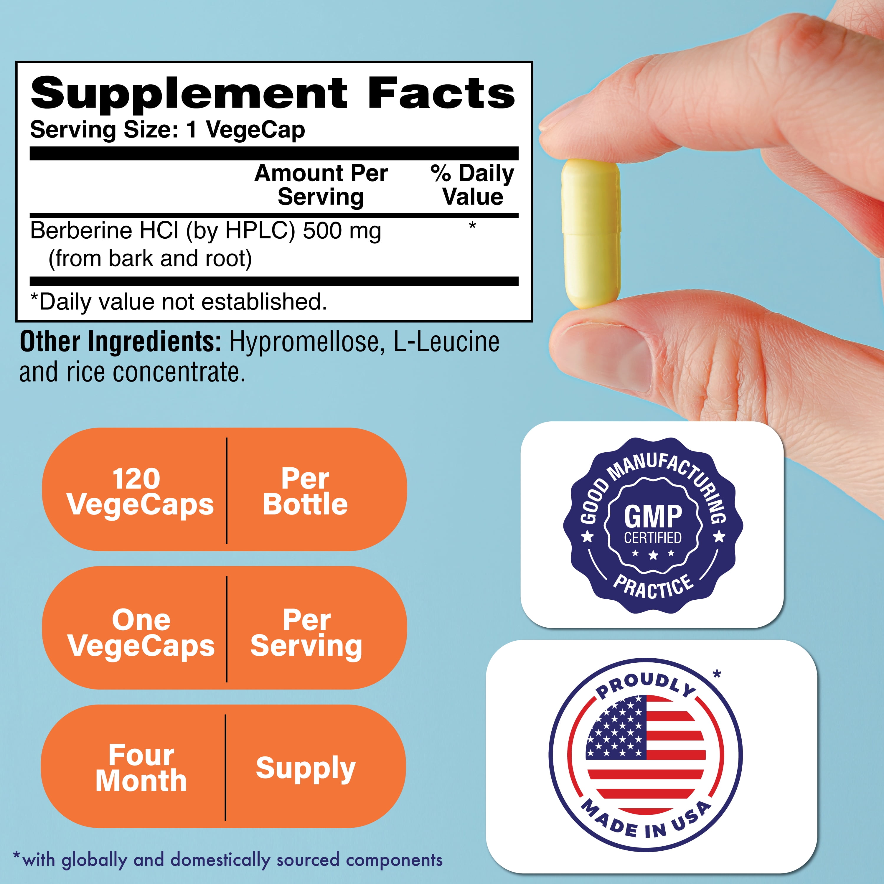 Berberine HCl 500mg  Vegan Certified | Clinical Strength - 120 Vegecaps | Blood Sugar Support | 3rd Party Tested | All Plant Extract | Non-GMO, Gluten Free, Soy Free | by Health Thru Nutrition