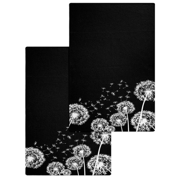 White Dandelion Kitchen Dish Towels for Drying Dishes Set of 2, Spring Flowers Botanical Vintage Black Waffle Weave Microfiber Hand Tea Bathroom Towels Quick Dry & Absorbent Towel 15.7x23.6