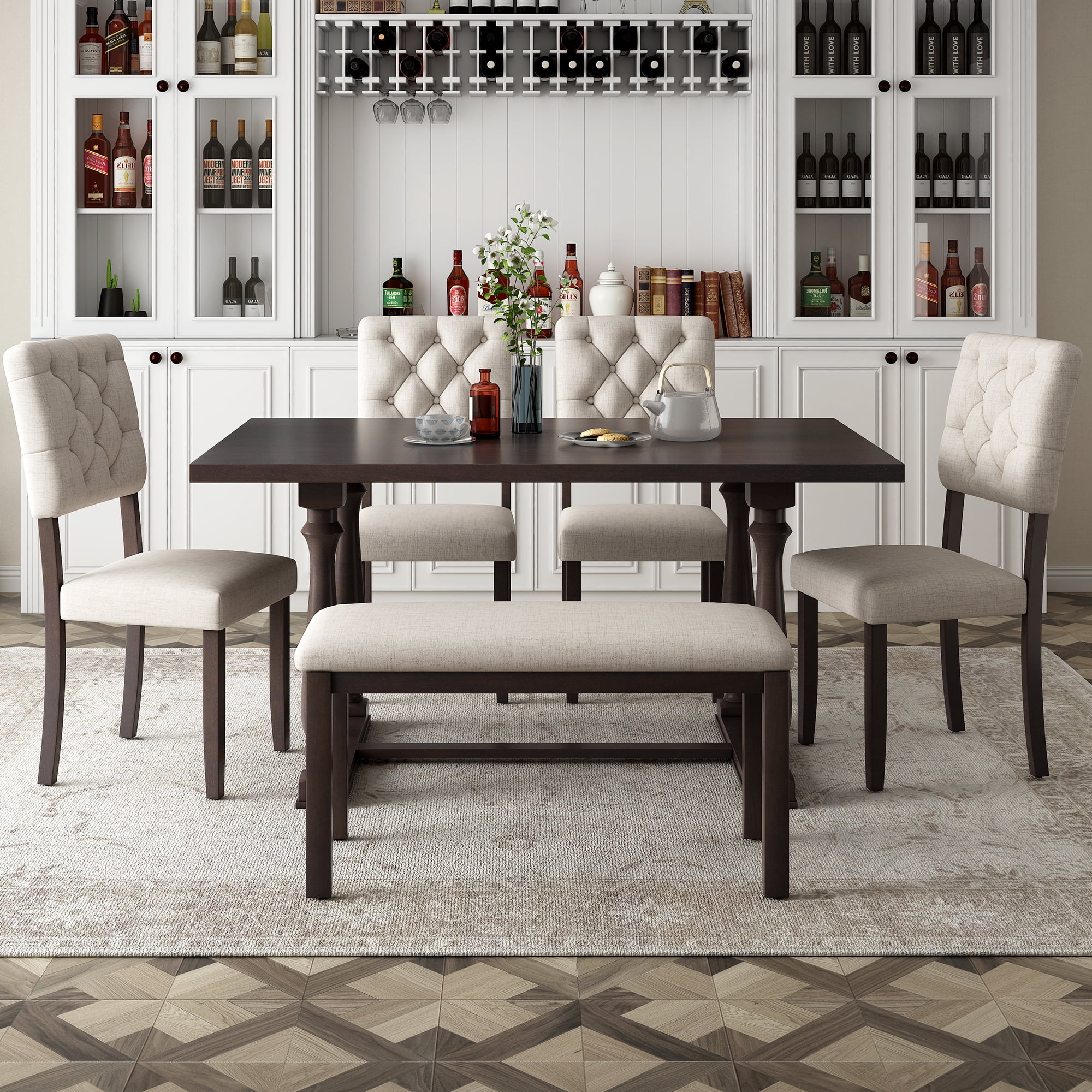 Howcool 6-Piece Dining Room Set, Special-Shaped Legs, Foam Covered Seat Backs & Cushions, Espresso