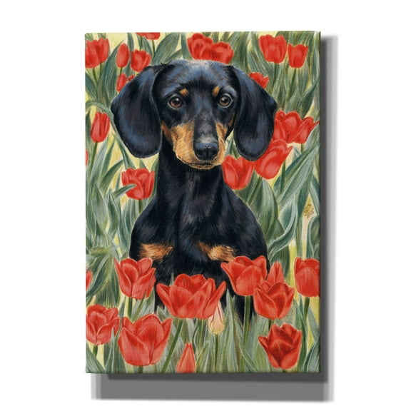 Epic Graffiti 'Dachsund In Tulips' by Barbara Keith, Canvas Wall Art, 18"x26"