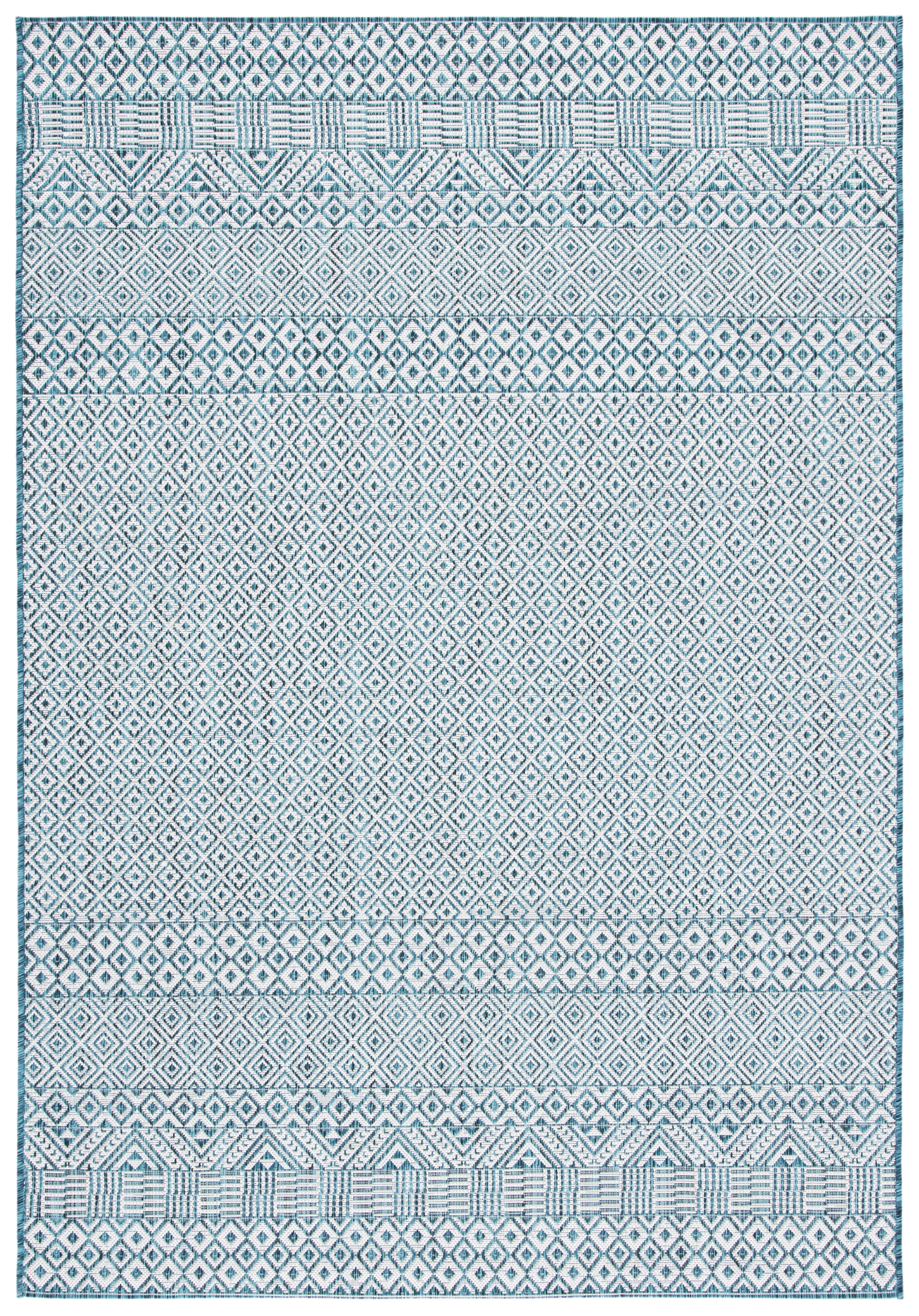 SAFAVIEH Courtyard Evander Geometric Indoor/Outdoor Area Rug, Ivory/Aqua, 4' x 5'7"