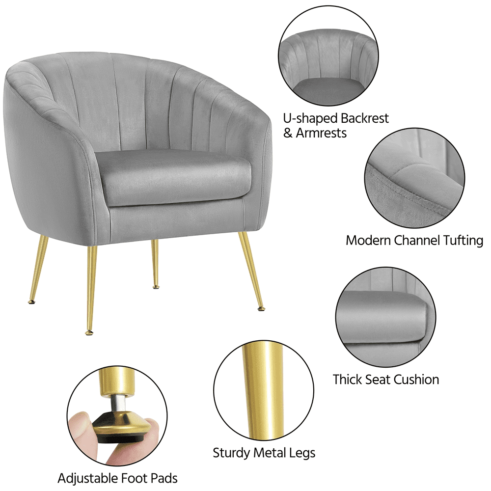 Alden Design Barrel Accent Chair with Gold Metal Legs for Living Room, Gray