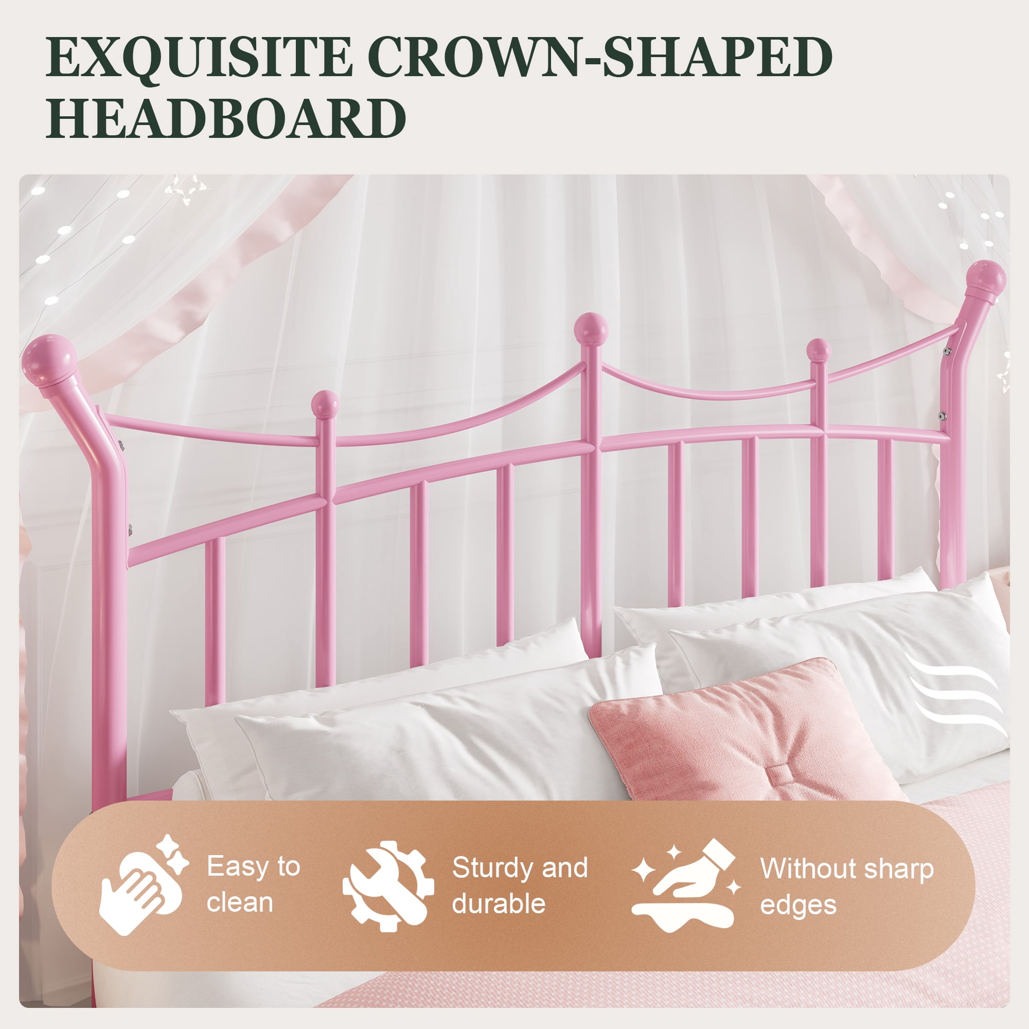 Amolife Full Bed Frame, Metal Platform Bed with Crown-Shaped Headboard and Footboard, 12.6'' Under-Bed Storage Space, No Box Spring Needed, Pink
