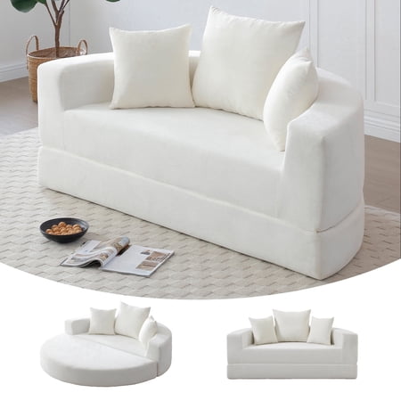 Arouseden 67" Round Convertible Sofa Bed,Boneless Corduroy Sofa Bed with 3 Pillows,Loveseat Sofa,Upholstered Couch for Bedroom and Living Room(White / Beige )