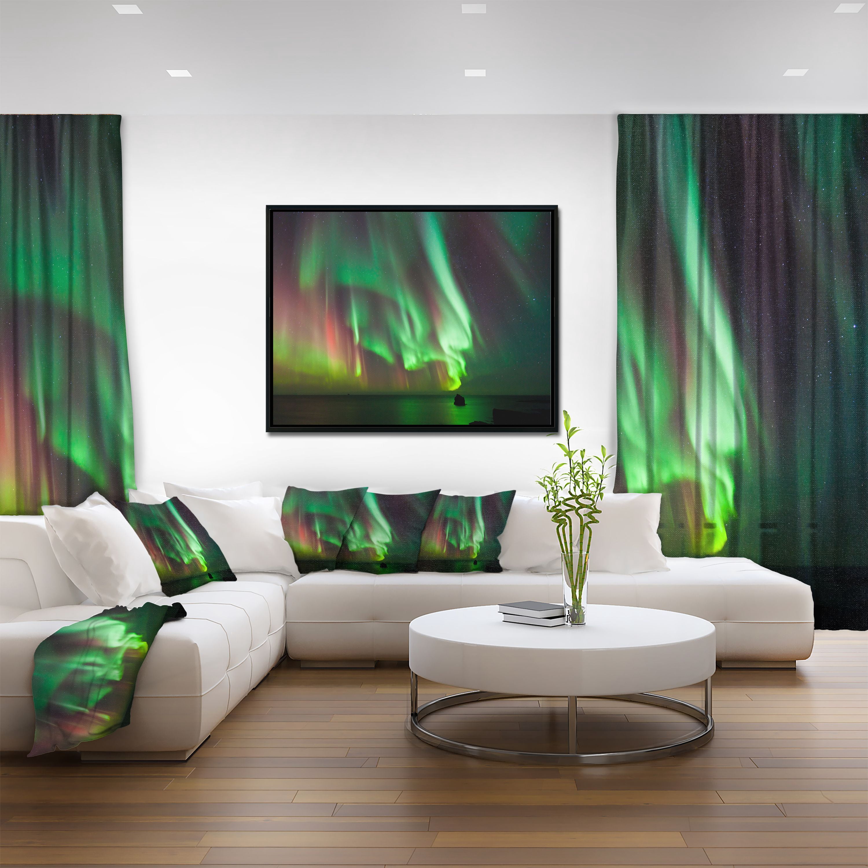 Designart ' Green Northern Lights Aurora ' Large Abstract Framed Canvas Wall Art