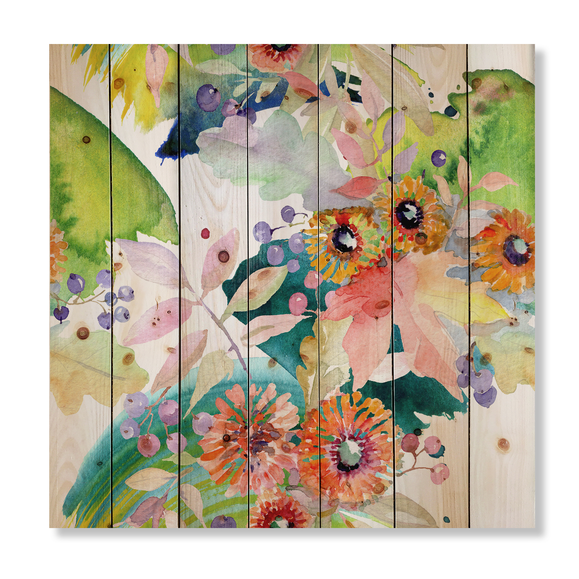 Designart 'Vital Wild Spring Leaves and Wildflowers III' Modern Print on Natural Pine Wood
