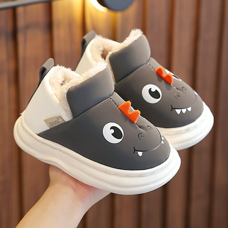 

Dyfzdhu Children Fuzzy Slippers Boys Cartoon Smlie Dinosaur Print Baby Middle School Children Cotton Slippers