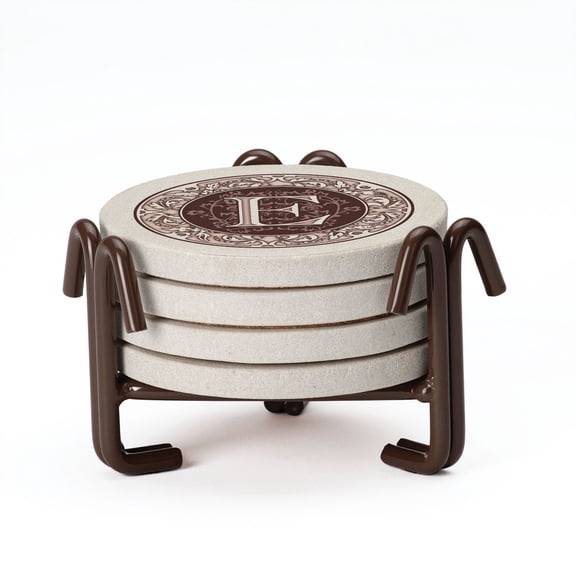 Thirstystone 4-Pack Monogram Letter E Sandstone Coasters in Iron Holder