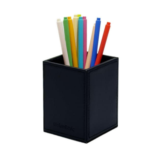 Square Pens Pencils Cup Holder Desk Stationery Organizer, Selected Faux Leather (Black)