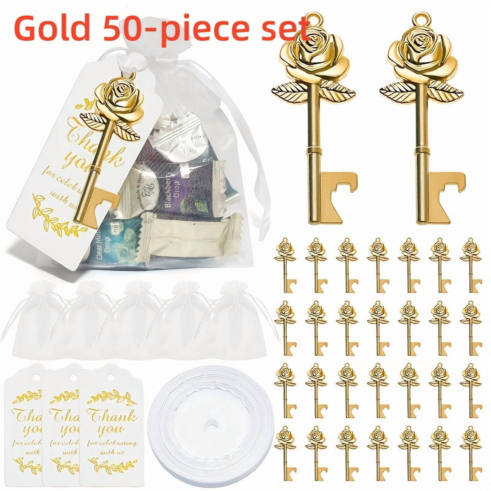 50PCS gold/silver Rose Flower Shaped Keys Wedding Favors Gift for Guest Bulk Skeleton Key Bottle Opener with Card and Chain for Rustic Party Bridal Showers Decorations