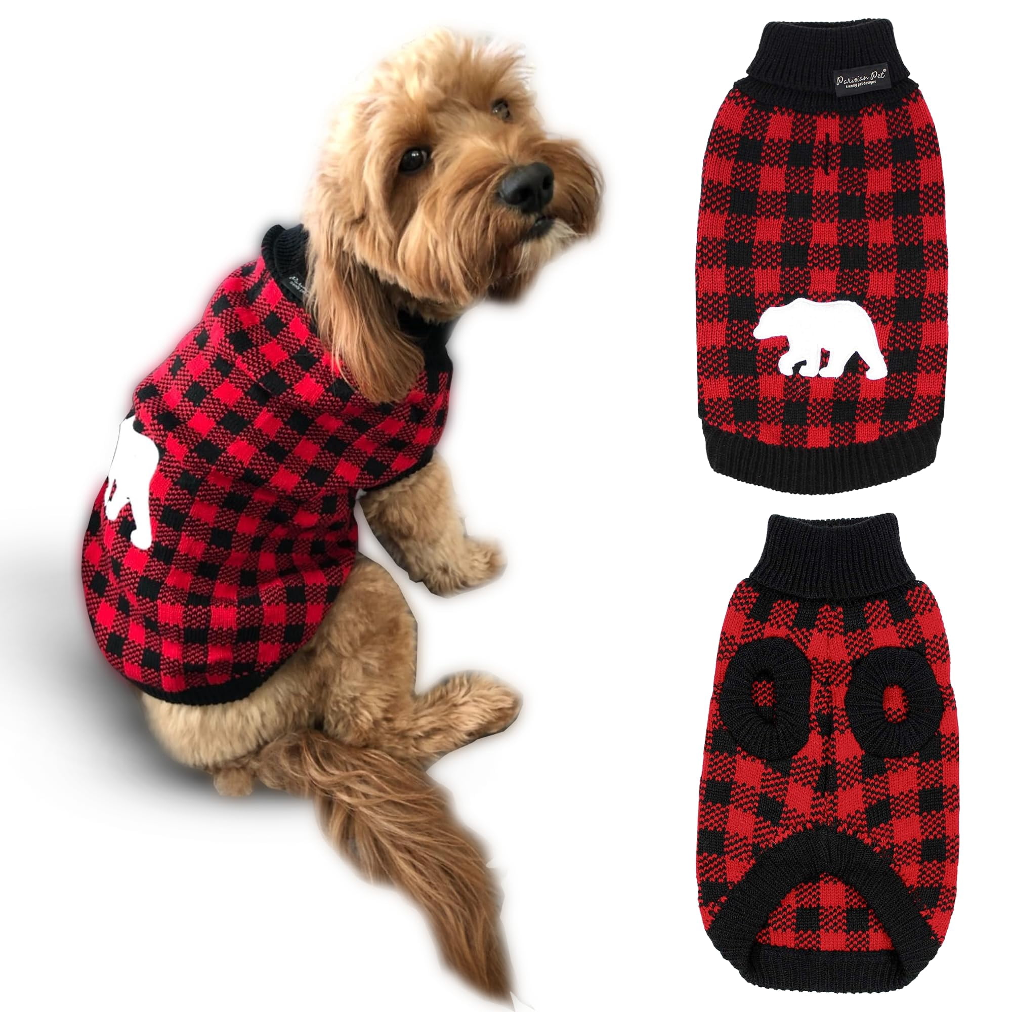 Parisian Pet Dog Sweaters - Pullover TurtleNeck Buffalo Checkered Sweater - Polar Bear Cable Knit Dog Christmas Outfit - Fall Winter Dog Clothes - Flexible Dog Sweater for Small Dogs - 2XS