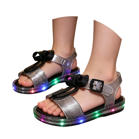 Girls Glitter Bow LED Light Up Sandals, Adjustable Buckle Open Toe Kids Summer Shoes, Non Flexible Sole Sparkling Beach Party Walking Sandals 4-9Y