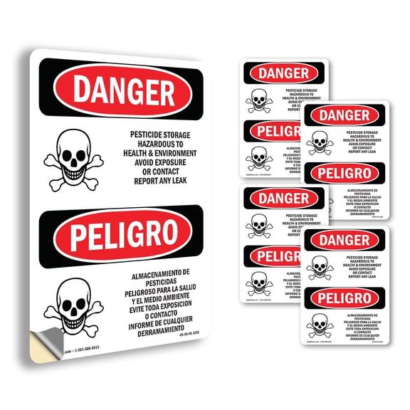 Pesticide Storage Hazardous Bilingual OSHA Danger Vinyl Decal Label 7 Inch x 5 Inch - 5 Pack