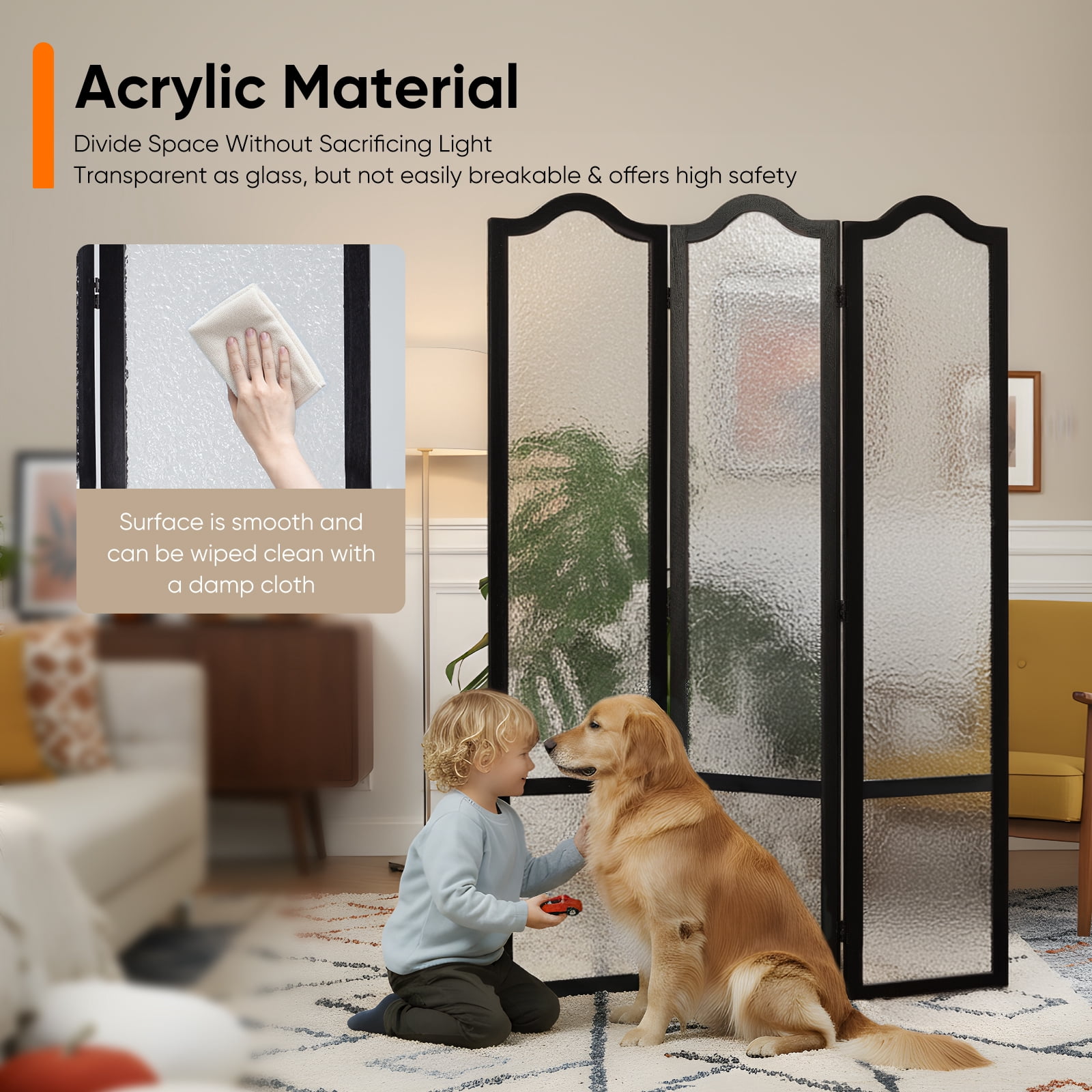 Jostyle 3 Panel Acrylic Room Divider Privacy Screen Translucent Folding Partition with Paulownia Wood Frame Black, Shatterproof & Space-Saving for Living Room, Bedroom, Office