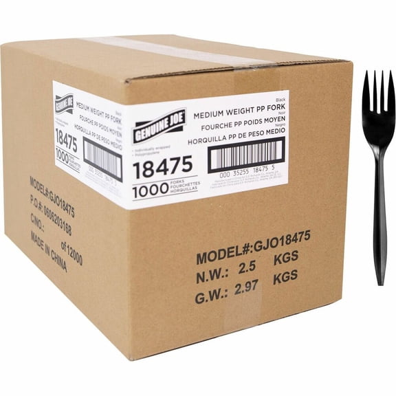 Genuine Joe, GJO18475, Medium-weight Individually Wrapped Forks, 1000 / Carton, Black