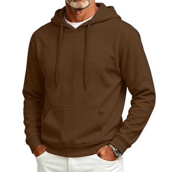 Men's Hooded Long Sleeve Solid Sweatshirt Warm Casual Pullover Comfortable Basic Top with Kangaroo Pocket for Fall Winter Everyday Wear and Weekend Outings Coffee XL