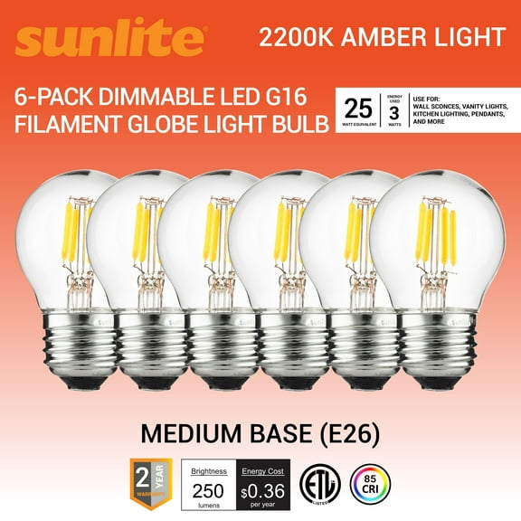 Sunlite LED G16 Filament Globe Light Bulb, 3 Watts (25W Equivalent), Medium E26 Base, Dimmable, Clear, UL Listed, 2200K Amber, 6-Pack