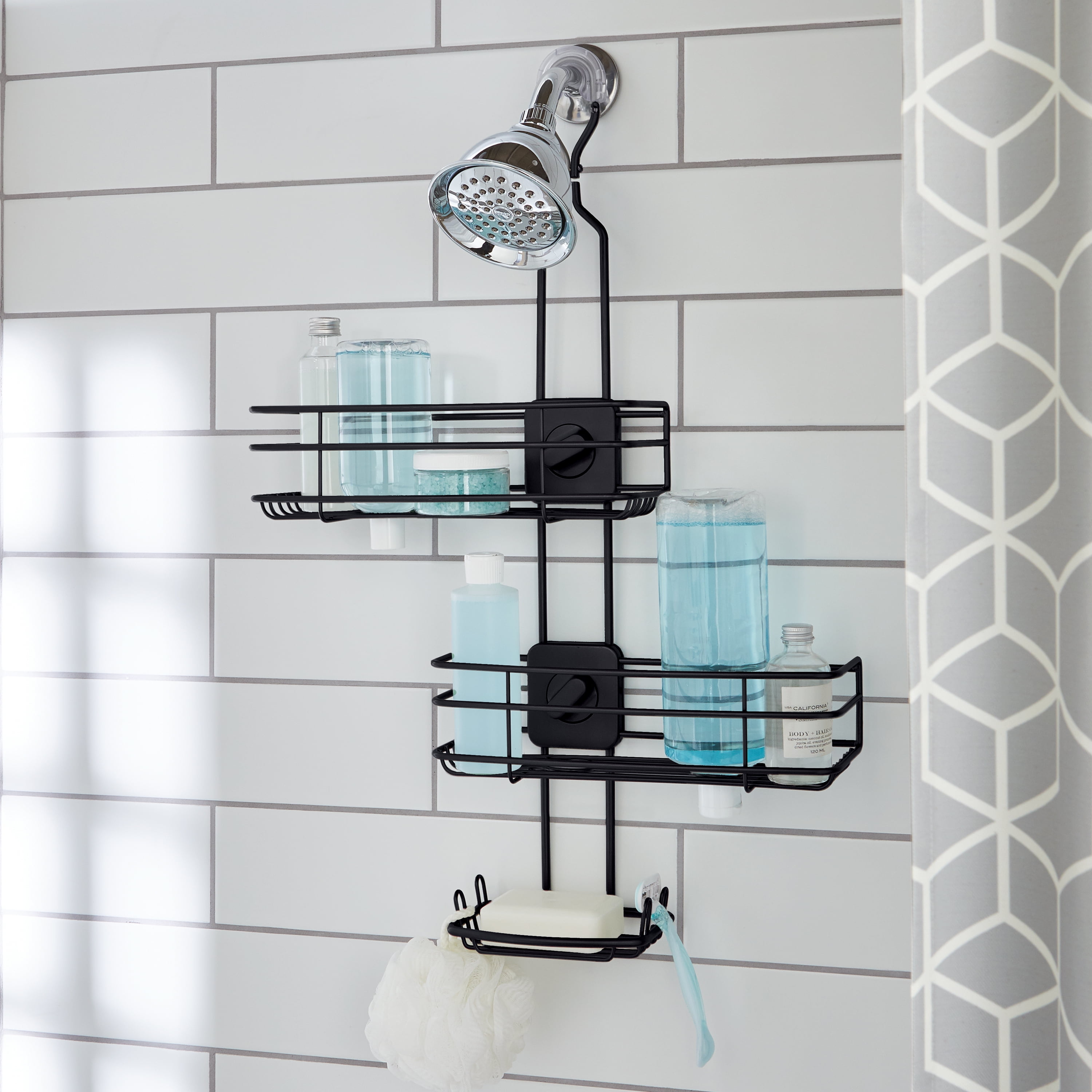 Bathroom Shower Caddy MyGift 3 Tier Hanging Shower Head Design Modern Matte Black Metal Wire Baskets Home 