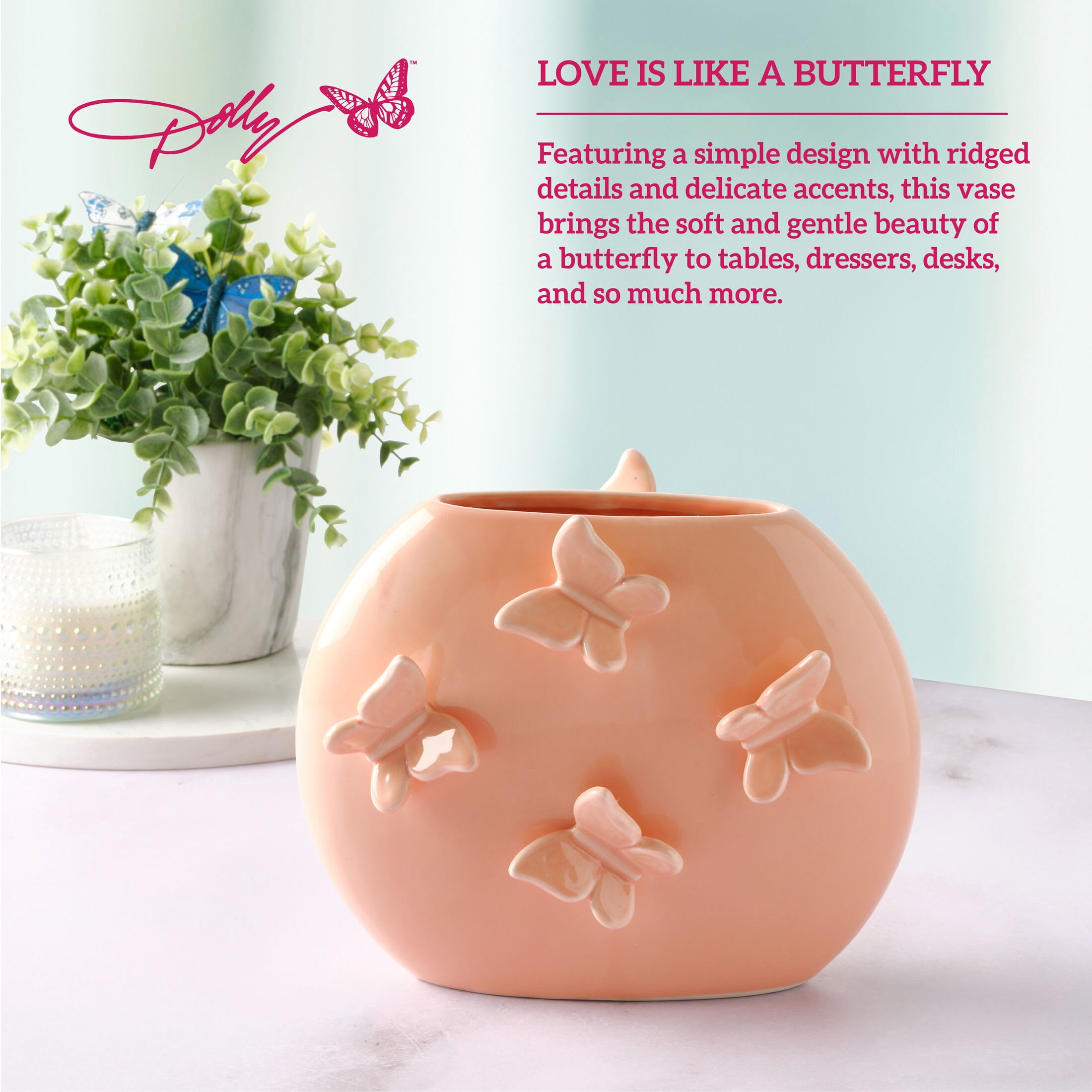 Dolly Parton 6.75 in Pink Butterfly Ceramic Oval Vase