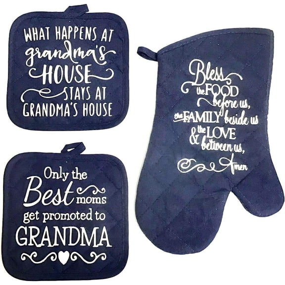 3 - Piece Grandma Gift Set - 2 - Pot Holders - 1 - Oven Mitt - Hot Pads Kitchen Decor Grandmother - Baking Navy Blue