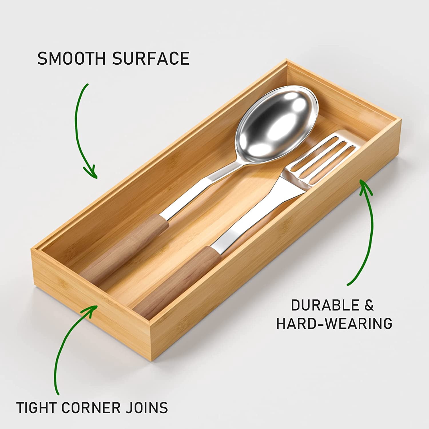 Bamboo Drawer Organizer, Stackable Utensil Organizer for Kitchen, Storage Box Wood Silverware Tray 15" x 6" 2" Set of 2