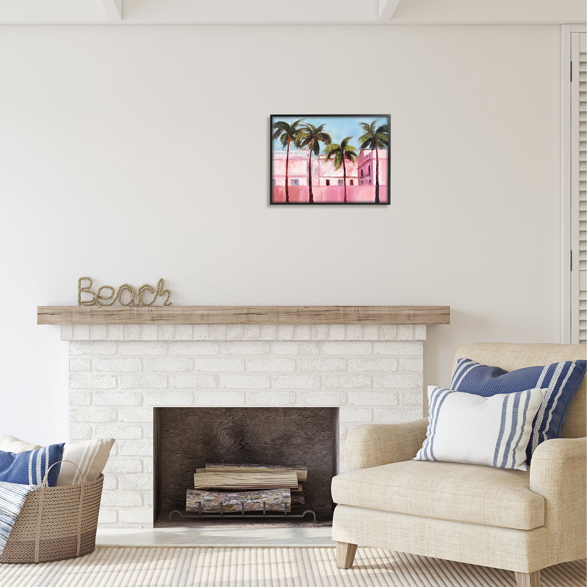 Stupell Industries Tropical Pink Buildings Botanical & Floral Painting Black Framed Art Print Wall Art, 20 x 16