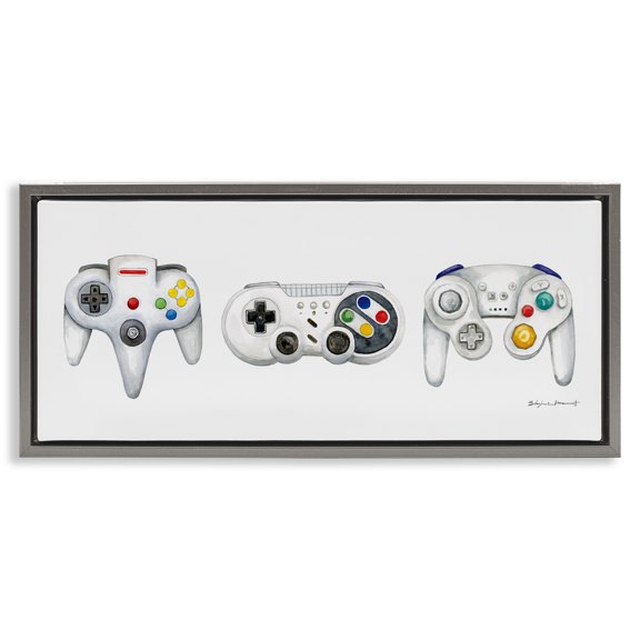 Stupell Industries Vintage Video Game Controllers Art for Kids Painting Gray Floater Framed Canvas Art Print Wall Art, 31 x 14